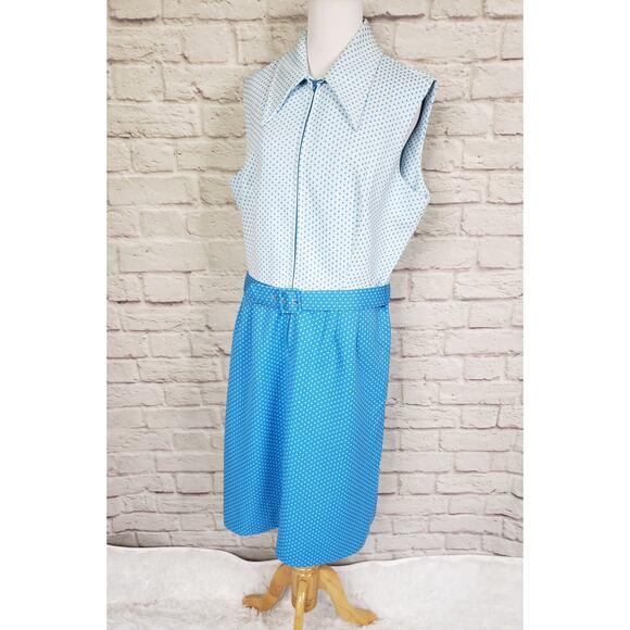 Vintage 1970s Volup Sheath Dress Blue White Dot Pointed Collar Belted Sz 20 - Picture 8 of 12